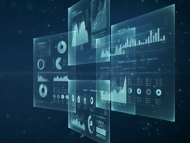 Holographic data dashboards and analytics panels representing the gap between AI promise and real-world execution