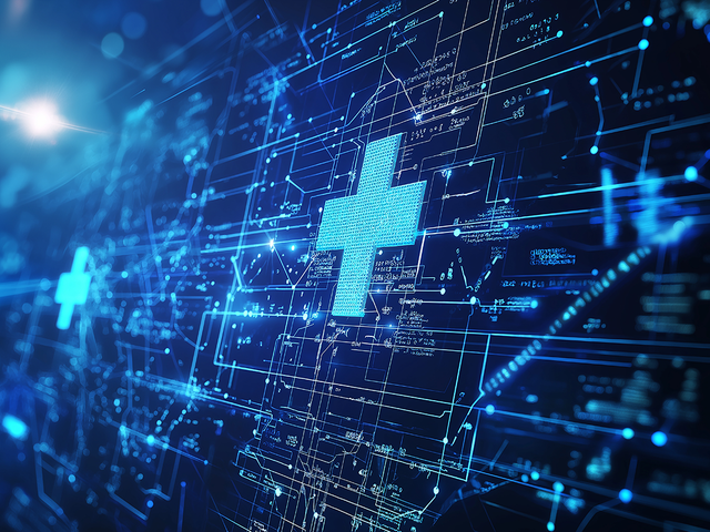 Blue digital healthcare cross emerging from futuristic technological background