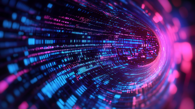 Abstract data tunnel visualization with binary code and neon light effect