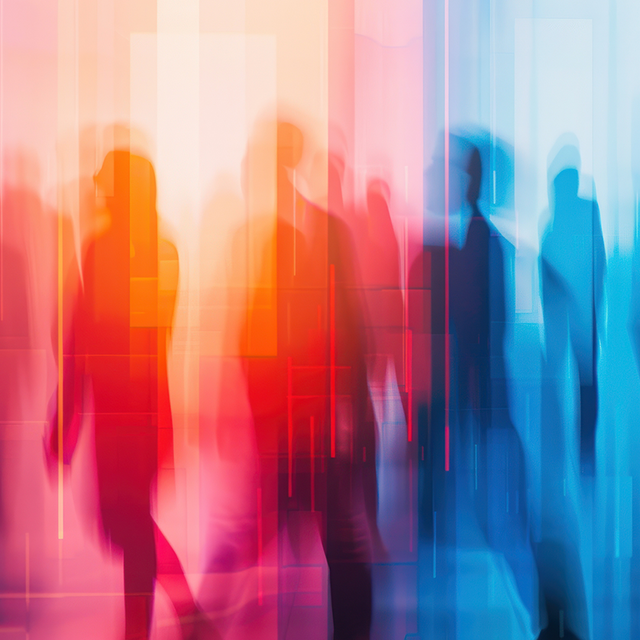 Abstract blurry people moving from right to left with red, orange, and blue shading