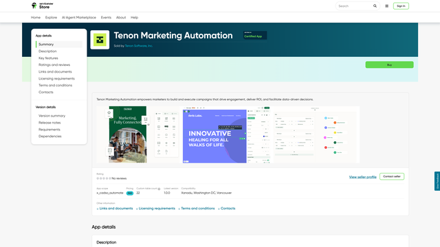 Tenon Marketing Automation page in the ServiceNow Store marketplace for AI agents