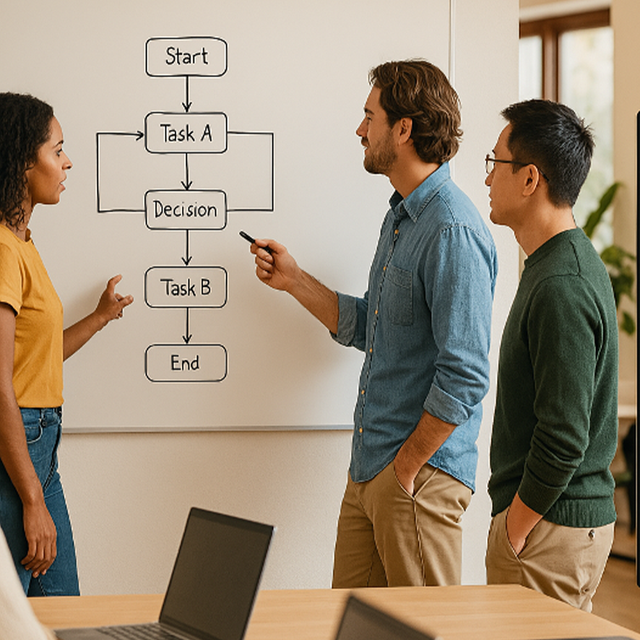 Three people looking at a sketched workflow on a whiteboard, with a digital, StarFlow-generated workflow on a monitor in the foreground