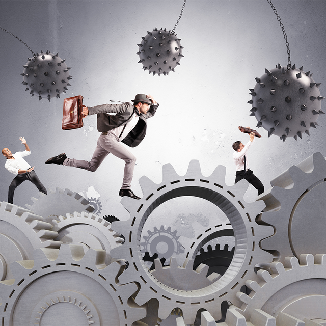 Illustration of three men trying to get past moving gears while pointy spheres swing overhead