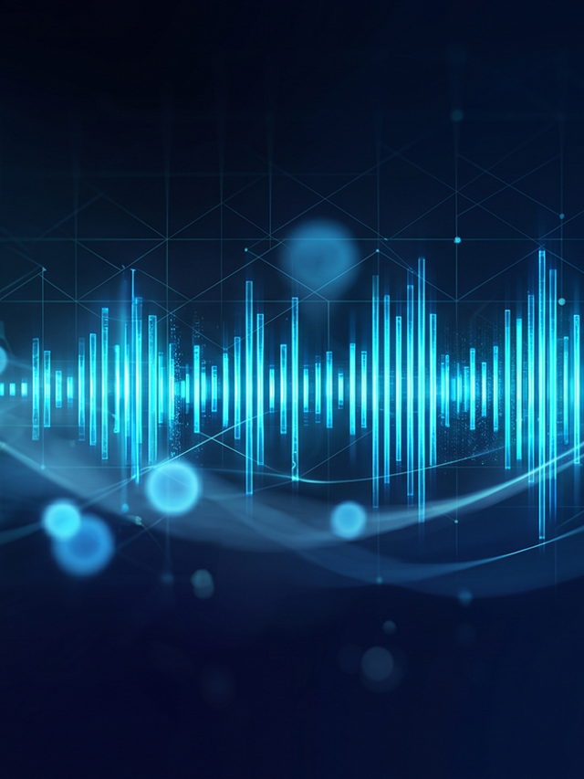 Glowing blue audio frequency visualization with abstract light effects