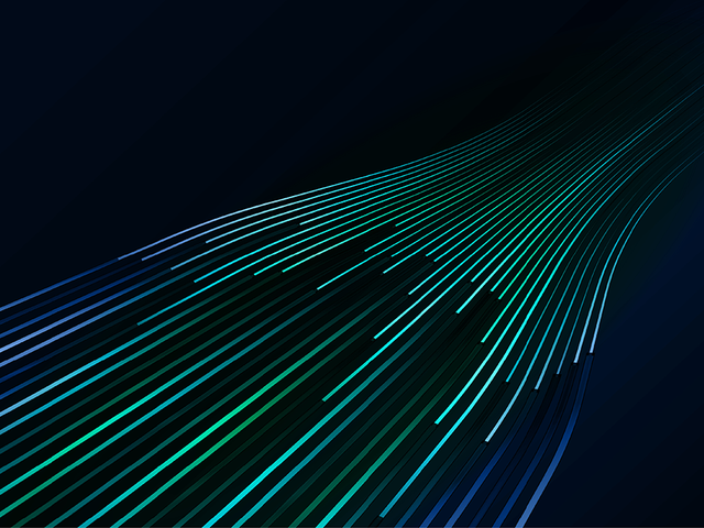 Abstract background featuring an array of glowing blue and green lines converging on a dark backdrop