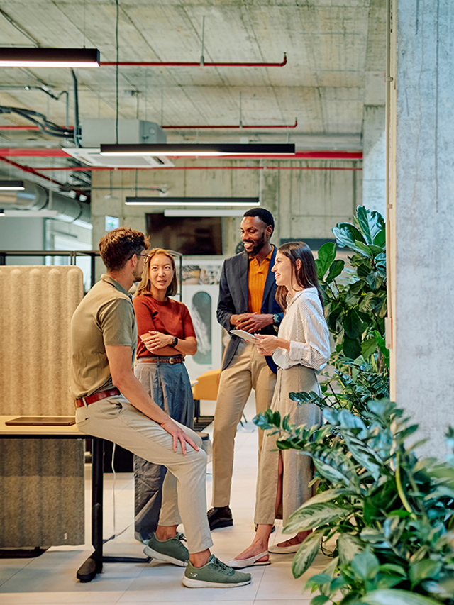 Four workers engaged in conversation in a modern office with green plants