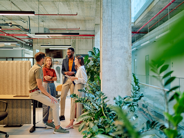 Four workers engaged in conversation in a modern office with green plants