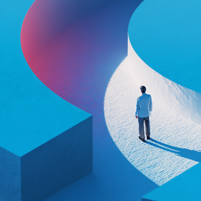 Illustration of a person standing in a round blue maze