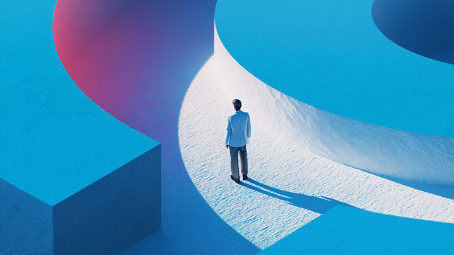 Illustration of a person standing in a round blue maze