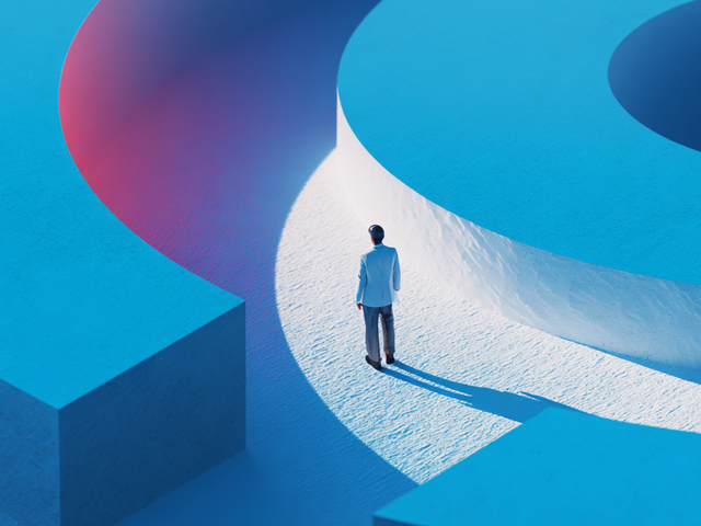 Illustration of a person standing in a round blue maze