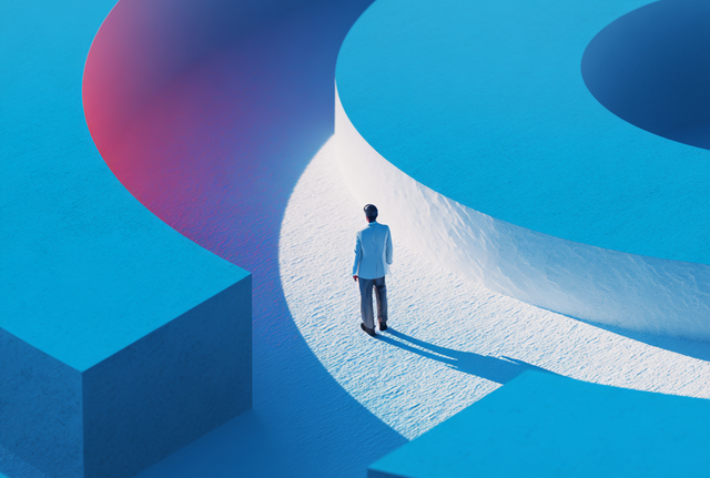 Illustration of a person standing in a round blue maze