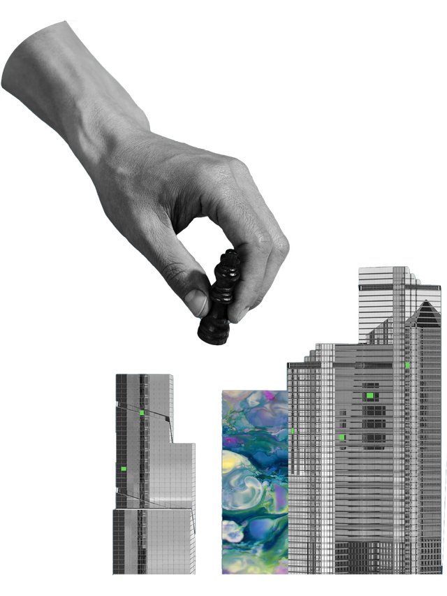 A hand places a chess piece atop a cluster of skyscrapers arranged like a bar chart