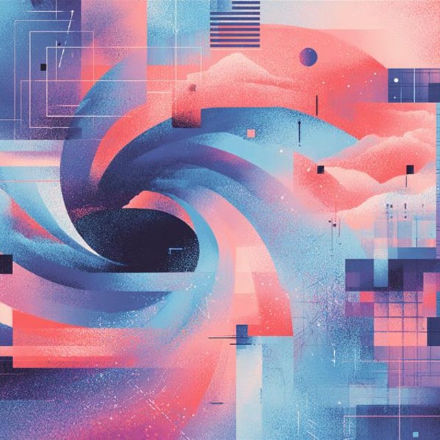 Illustration of various shapes converging in blue, red, and purple colors 