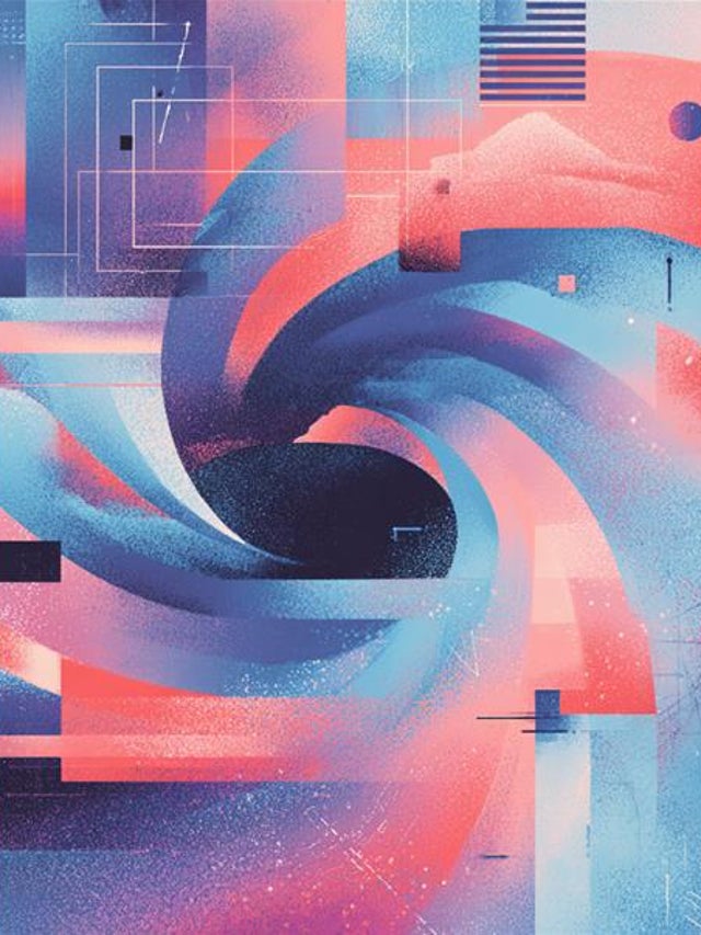 Illustration of various shapes converging in blue, red, and purple colors 