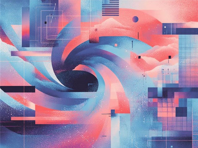 Illustration of various shapes converging in blue, red, and purple colors