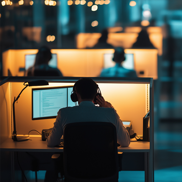 Call center agents working late at computers