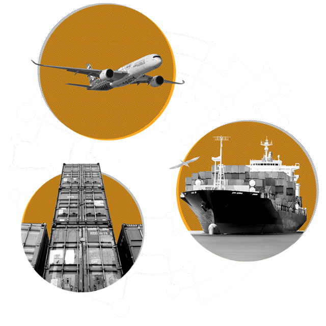 Graphic shows three interconnected circles containing images of an airplane, shipping containers, and a cargo ship.
