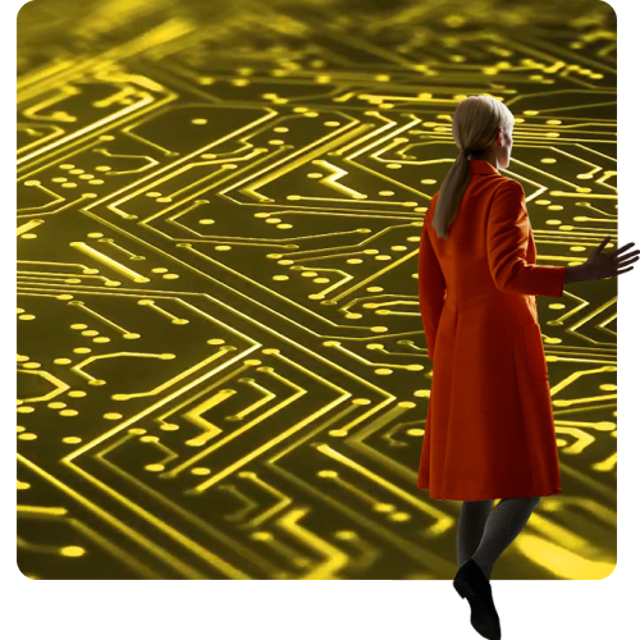 Image of a woman in a red coat reaches out to touch a massive glowing circuit board