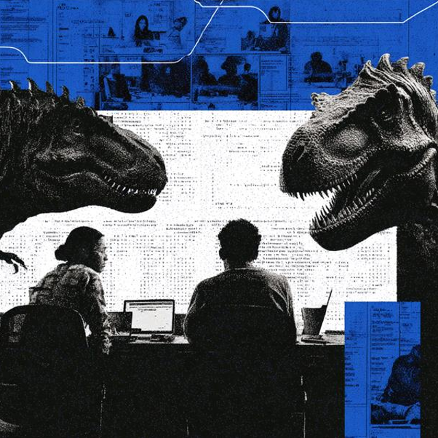Illustration of two dinosaurs hovering over two workers at a desk
