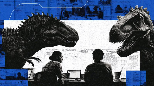 Two large dinosaurs hovering over two workers at a desk