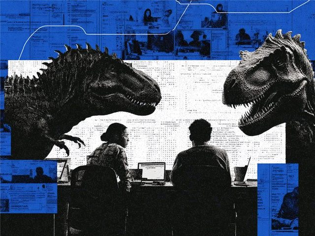 Two large dinosaurs hovering over two workers at a desk