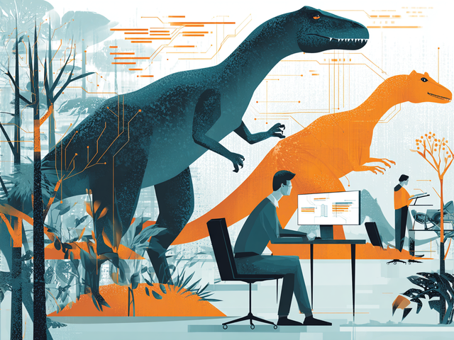 Illustration of two large dinosaurs creeping up on two people doing work
