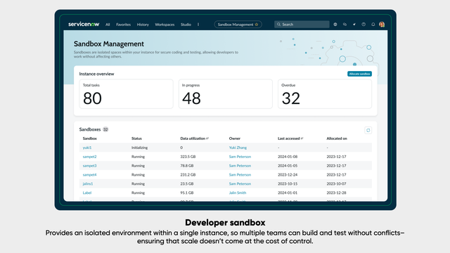 Developer sandbox provides an isolated environment within a single instance, so multiple teams can build and test without conflicts--ensuring that scale doesn't come at the cost of control.