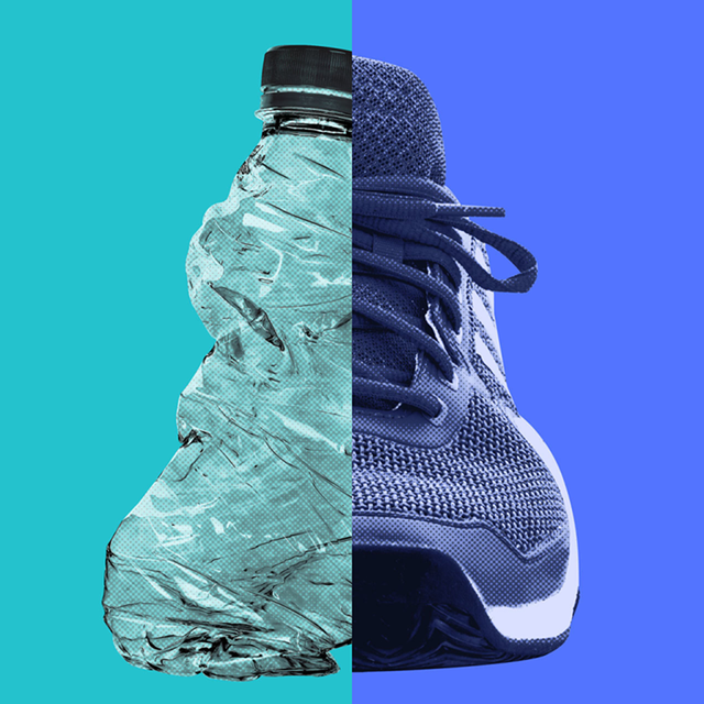 Graphic shows split image of recycled bottle on left and athletic shoe on right