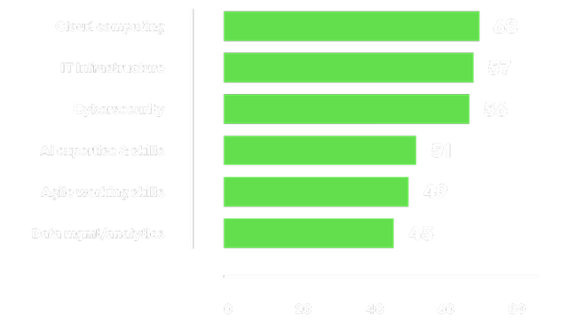 Technical skills are led by cloud computing (68), IT infrastructure (57), and cybersecurity (56). 