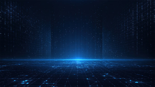 Blue glowing lines and dots in dark, abstract background with central light