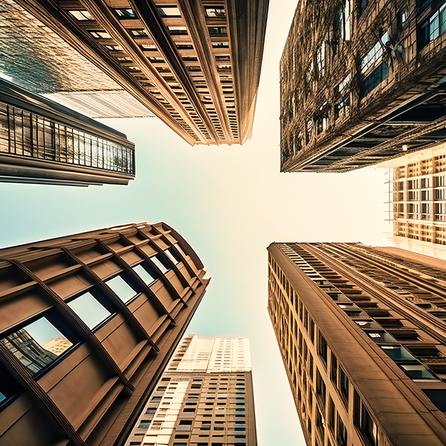 Upward view of highrise buildings