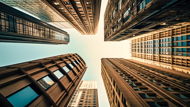 Upward view of a city skyline with glowing person icons