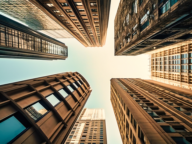 Upward view of highrise buildings