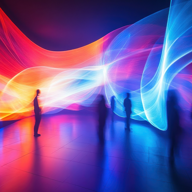 Abstract light with colorful waves and silhouetted people