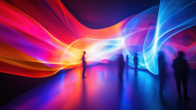 Abstract light with colorful waves and silhouetted people