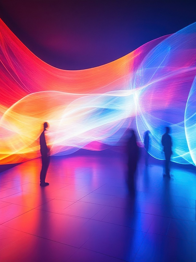 Abstract light with colorful waves and silhouetted people