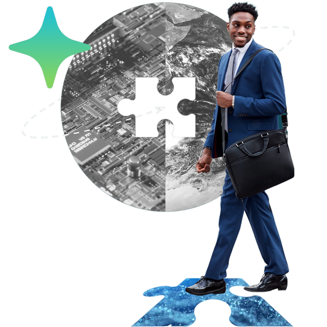 A confident man in a suit walks forward alongside a globe with a puzzle piece cutout, symbolizing thoughtful, structured approaches to AI governance.