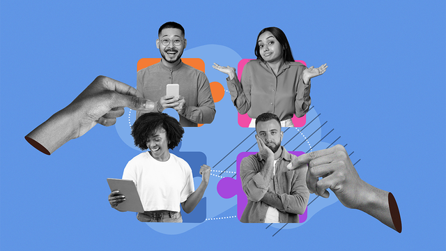 4 people with different personalities against a blue background
