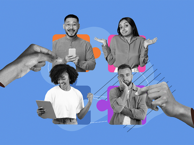 4 people with different personalities against a blue background