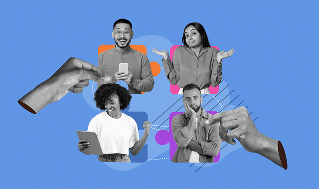 4 people with different personalities against a blue background