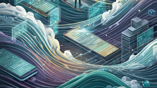 Illustration of people standing on technology in the middle of moving waves
