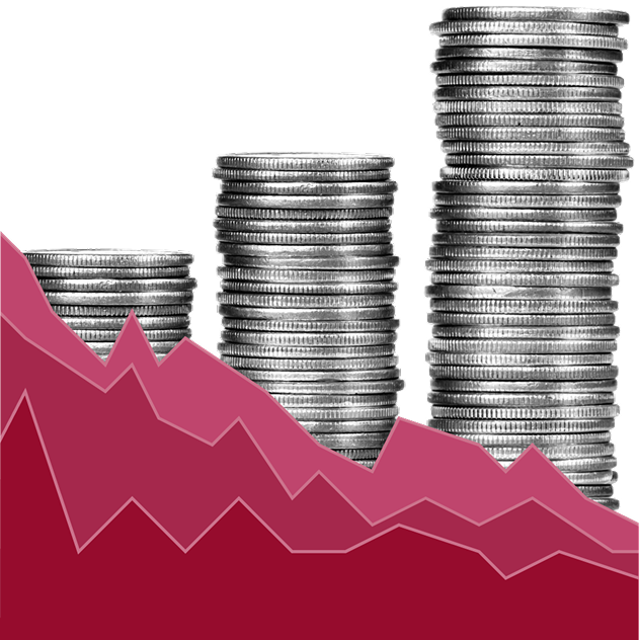Image of coins lined up at different levels as a bar chart.