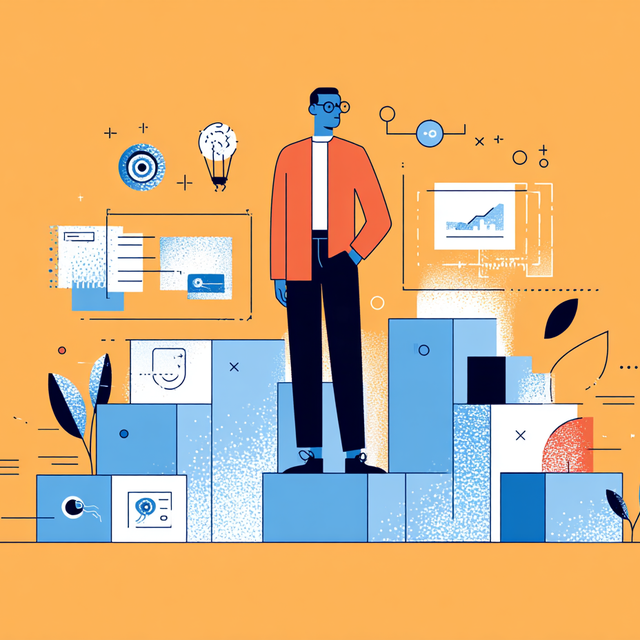 Illustration of a man standing on a platform surrounded by blocks of various heights