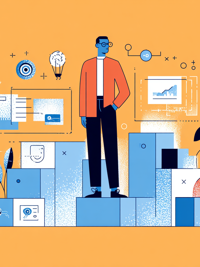 Illustration of a man standing on a platform surrounded by blocks of various heights