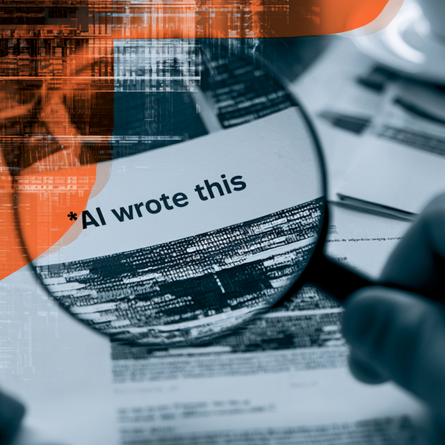 A hand holding a magnifying glass over the words “AI wrote this”
