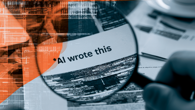 A hand holding a magnifying glass over the words “AI wrote this”
