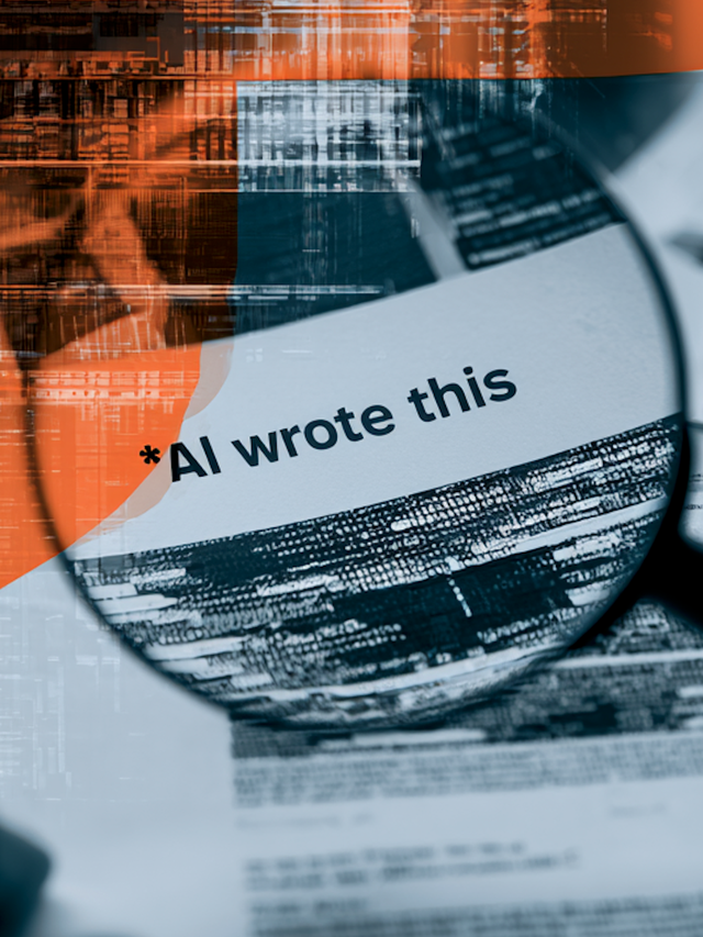 A hand holding a magnifying glass over the words “AI wrote this”