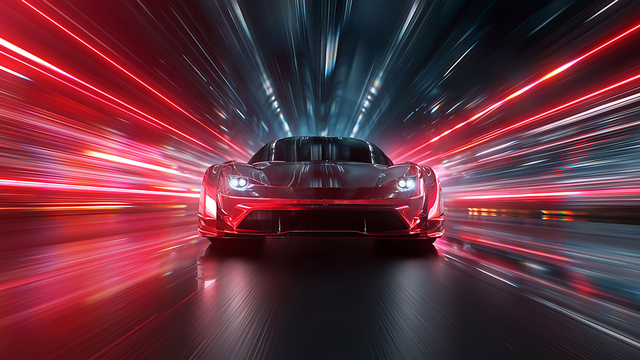 Red car driving towards the camera with motion-blurred lights in the background