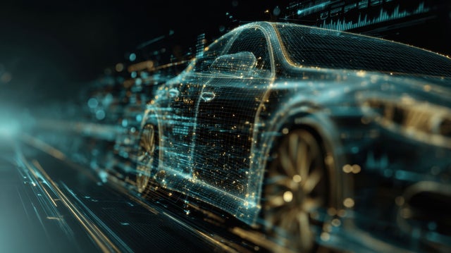 Advanced 3D rendering of a technological vehicle concept with motion blur and data visualization. Highlights the future of transportation, cybersecurity, and engineering in a dark digital space.