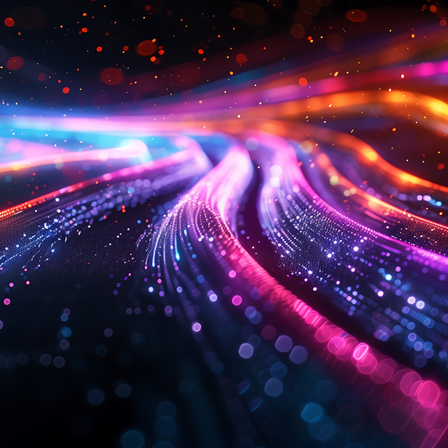 Abstract digital background with colorful light trails and glowing dots